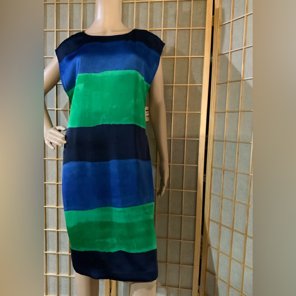 Anne Klein Blue and Green Colorblock Midi Dress